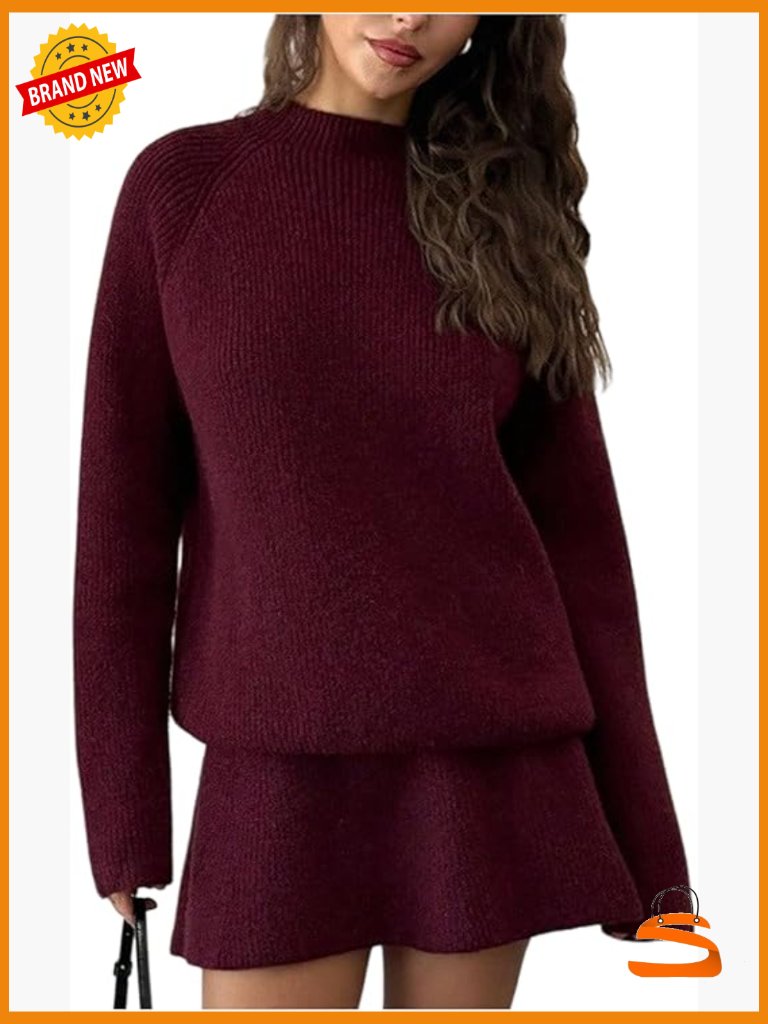 2 Piece Rib Knit Sweater Set With Flared Mini Skirt